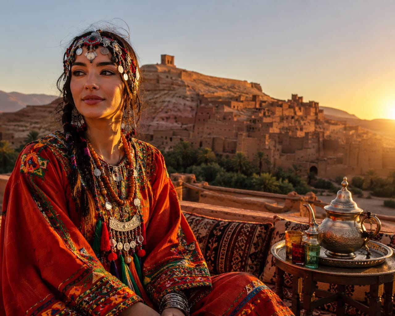 Amazigh-Frau in traditioneller marokkanischer Tracht vor Ait Ben Haddou im Atlasgebirge